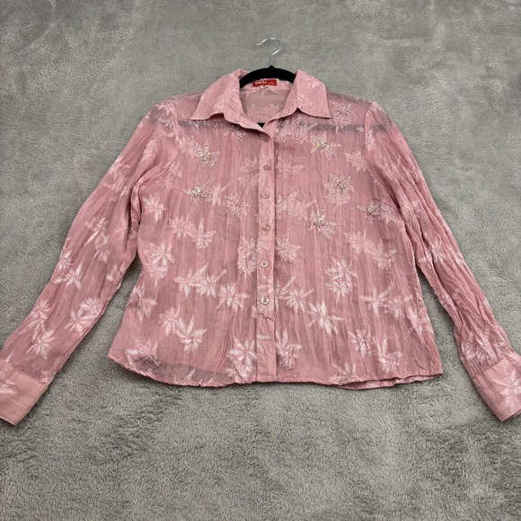 Misha Tops - VTG 90s Y2K Sheer Floral Embroidered Beaded Button Up Top Womens S Pink Fairy